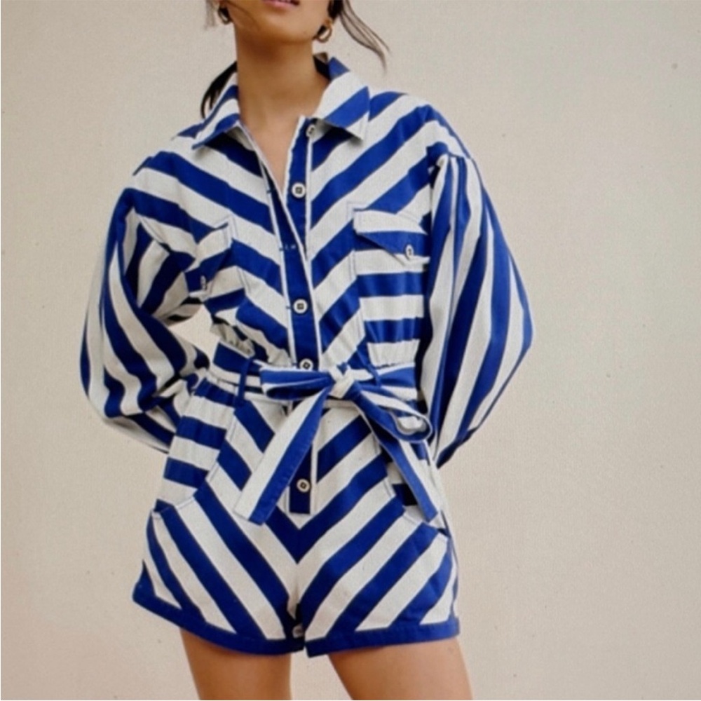 FARM Rio Blue and White Striped Belted Romper